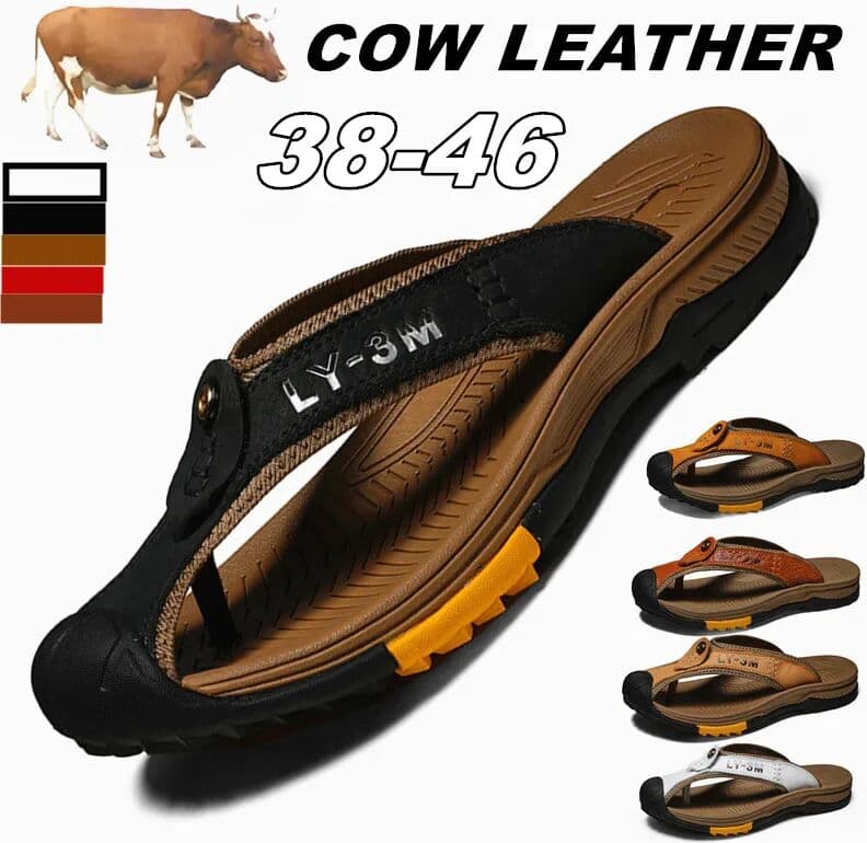 PHERON Genuine Cow Leather Shoes Men Sandals Mens Flip Flops Men's Casual Shoes Classic Massage Beach Slippers Anti-slip Summer 2021