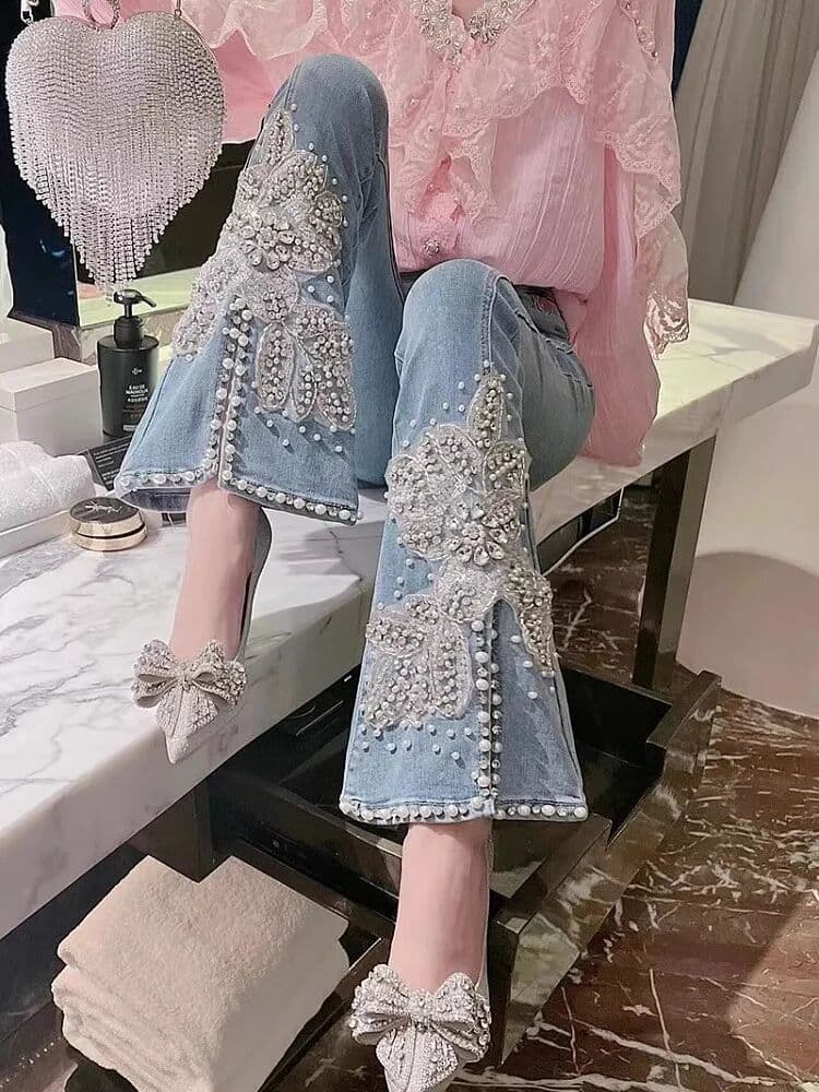 NONE Women High Waist Jeans Floral Embroidery Nailed Bead Inlaid Diamond Pearls Split Denim Micro Flared Pants Cowboy Trouser Female