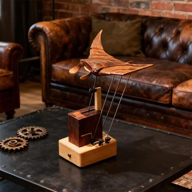 NONE Artisan Solid Wood Ornament Handmade Wooden Motorized Manta Ray Figurine Manta Ray Automaton Home Decoration Gifts