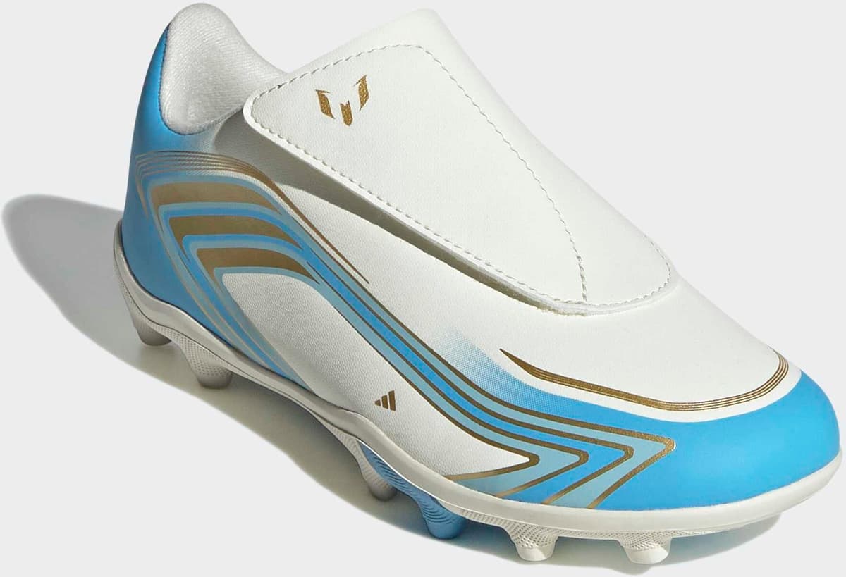 Fussballschuh ADIDAS PERFORMANCE "F50 MESSI CLUB KIDS, FESTE / GEMISCHTE BÖDEN, KLETTVERSCHLUSS", Jungen, Gr. 31, blau (ivory, semi blau burst, icey blau), Synthetik, Schuhe Fussballschuh, für viele verschiedene Böden geeignet ivory, semi blau burst, icey
