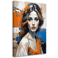 BILD auf Leinwand, Frauenporträt mit markanten Akzenten in Orange und Blau
