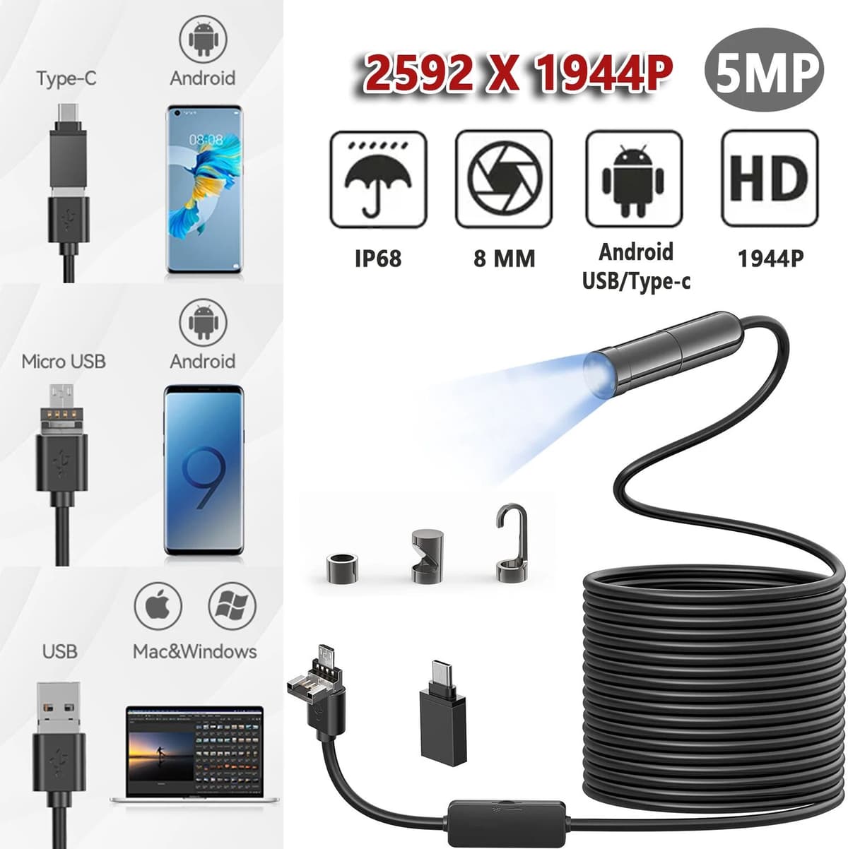 DUTRIEUX 8MM 5MP 1944P Auto-Focus Inspection Camera Piping Endoscope Camera For Cars Android Smartphone  Industrial Usb C 4k