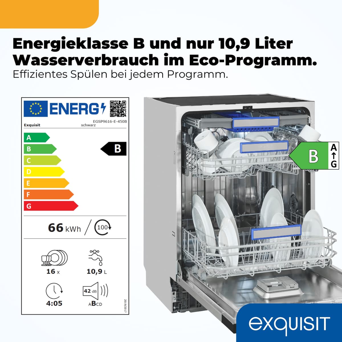 EXQUISIT vollintegrierbarer Geschirrspüler "EGSP9616-E-450B schwarz", Energieeffizienz: B, schwarz, B:59,8cm H:82cm T:56cm, Geschirrspüler, 16 Maßgedecke & flüsterleise 42 dB – stark und angenehm ruhig, vollintegrierbarer Geschirrspüler