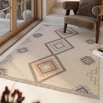 Wollteppich GREEN LOOOP "Jong", beige (creme beige), B:300cm H:5mm L:400cm, Wolle, Teppiche, Fransen, Kelim, handgewebt, Natur, Wohnzimmer, Schlafzimmer, Raute