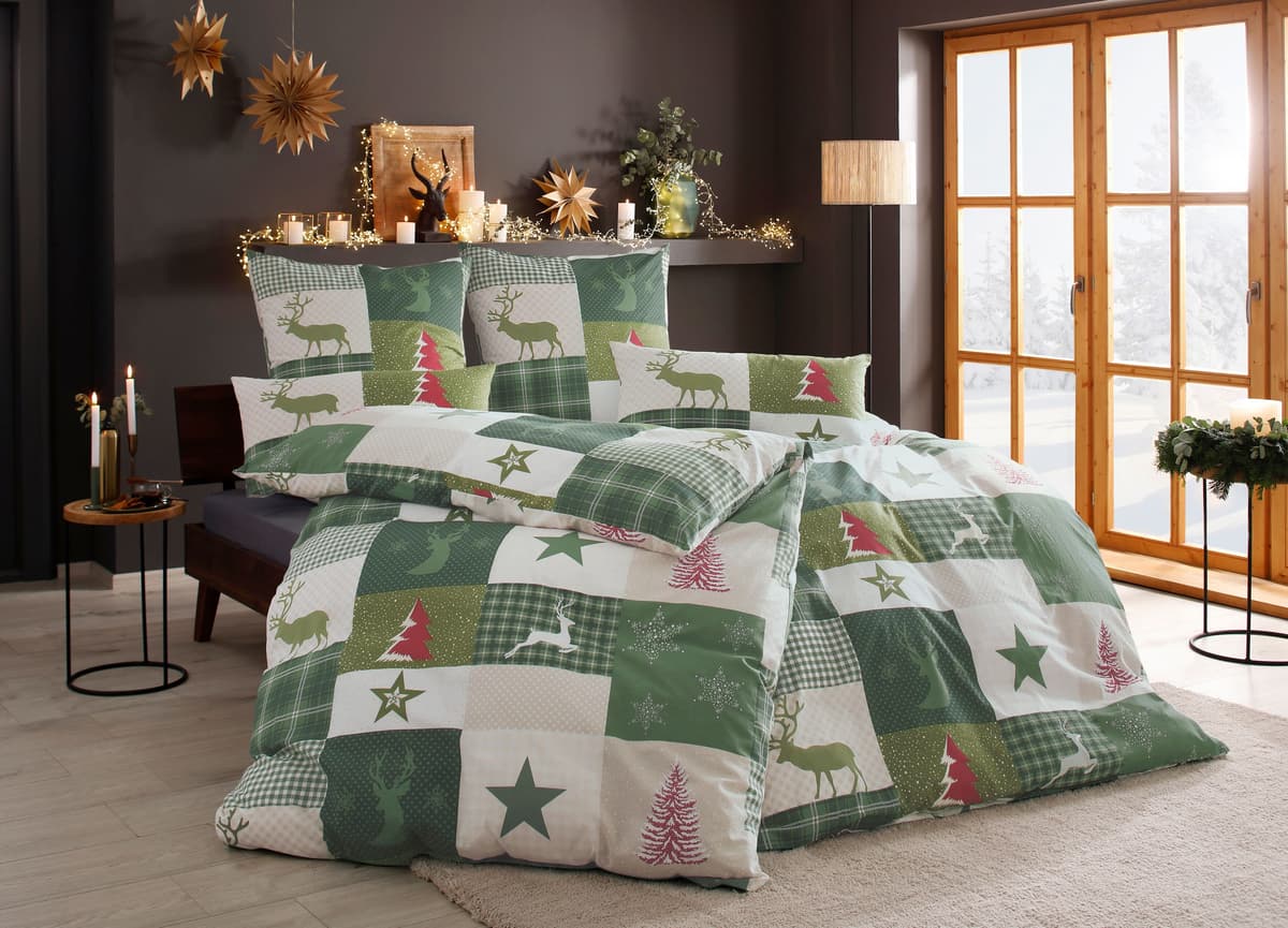 Bettwäsche GOODPRODUCT "Nicholas", grün, B/L: 135cm x 200cm, 1 Stk., 1 Stk., Linon, B/L: 80cm x 80cm, 2 Stk., Linon, Obermaterial: 100% Baumwolle, Bettwäsche, Bettwäsche, Weihnachtsbettwäsche, Winter, in 3 Qualitäten verfügbar grün B/L: 135cm x 200cm, 1 S