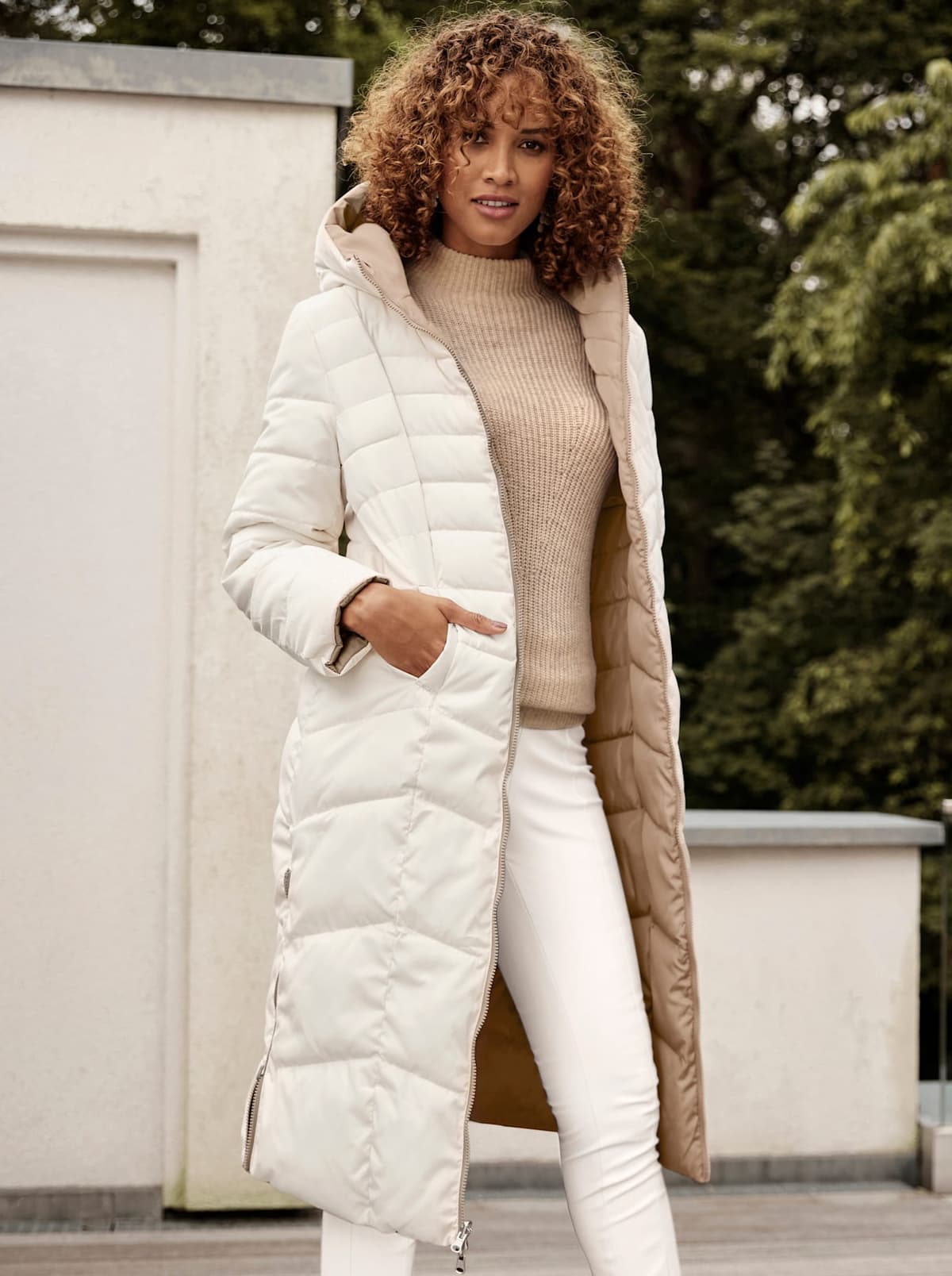 Steppmantel INSPIRATIONEN, Damen, Gr. 44, beige (ecru, taupe), 100% Polyester, Wattierung:100% Polyester, unifarben, unifarben mit Farbeinsatz, unifarben mit Farbeinsätzen, Mäntel Steppmantel ecru, taupe 44
