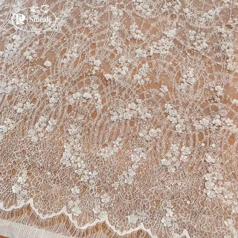 R SMEALE 3Yards.Off White Beads Flash Sequins Lace Fabric.Luxury Evening Dress French Lace .Advanced Customization Bridal Wedding Fabric