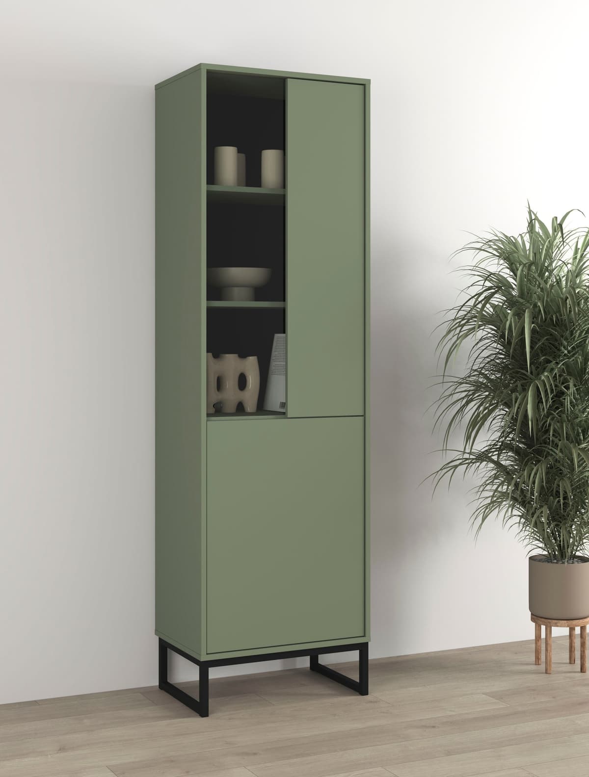 Vitrine GOODPRODUCT "Loft, Höhe 180 cm, moderne Standvitrine mit 2 Türen, Metallkufen", grün (salbei), B:53,4cm H:180cm T:36,5cm, Holzwerkstoff, Melamin, Metall, Schränke, Vitrine, Hochschrank mit viel Stauraum, Glastür und verstellbaren Einlegeböden salb