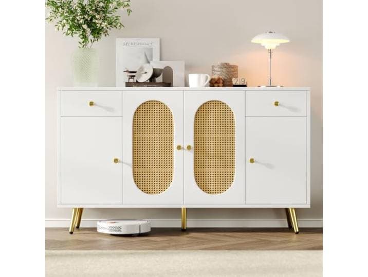 Kommode Sideboard mit 2 Schubladen 4 Türen, Weiß mit Naturholz-Akzenten Goldene Griffe, 15 cm Metallfüße, höhenverstellbare Regalböden für Wohnzimmer Küche, B140/T35/H82 cm