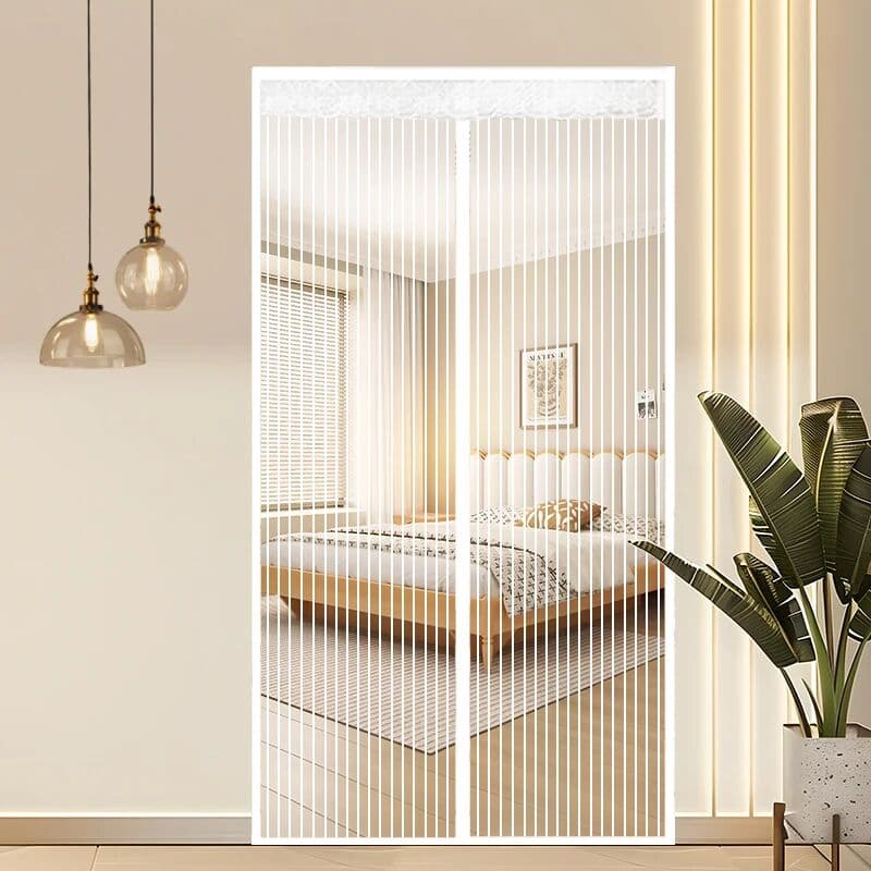 NONE Summer White Striped Magnetic Screen Door for Home, Mosquito-Proof Breathable Mesh Door Curtain, No-Drill Door Mosquito Net