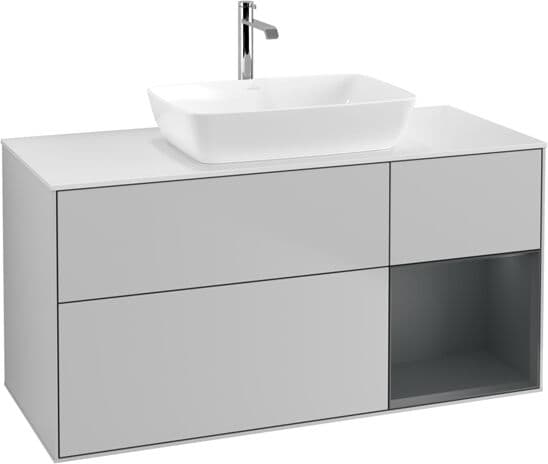 Villeroy und Boch Villeroy et Boch Finion Villeroy et Boch G831HGGJ 120cm, plaque de recouvrement blanc mat, Emotion, étagères laqué mat Midnight, gris clair mat