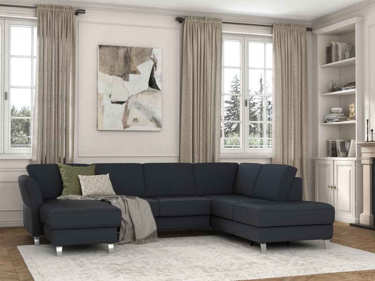 Wohnlandschaft SIT & MORE "Visby U-Form", grau (dunkelgrau), B:303cm H:87cm T:213cm, Sofas, Wohnlandschaft, Wahlweise mit Schlaffunktion und Stauraum, frei im Raum stellbar dunkelgrau B/H/T: 303cm x 87cm x 213cm, Soft clean, Ottomane rechts,mit Bettfunkti