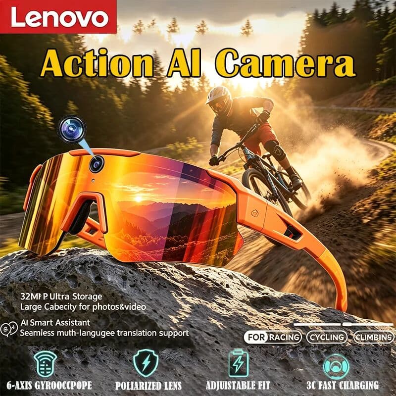 Lenovo AI Smart Glasses ChatGPT 1080P Camera 8MP Anti Shake Cycling Video Photo Sport Sunglasses Dual Mic 32GB Windproof Goggles