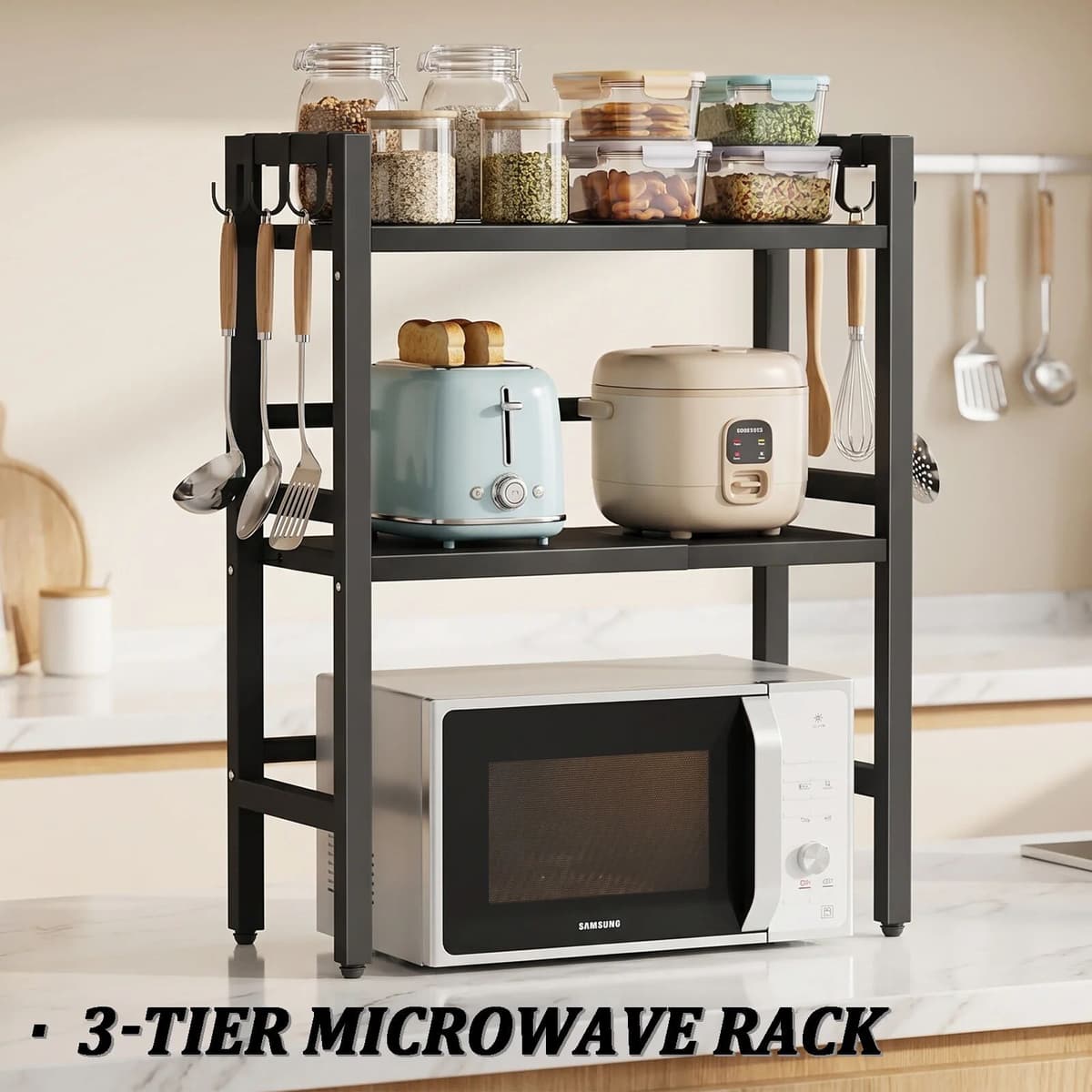 NONE Kitchen Counter Organiser, Expandable Microwave Shelf, Heavy-duty Microwave Oven Rack Practical Storage Rack for Home Use