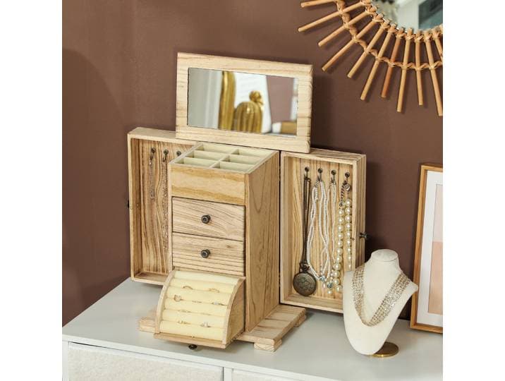 Commode de toilette avec miroir, meuble de rangement à bijoux en bois à 4 niveaux avec portes latérales, tiroirs et support à bracelets, vitrine à cosmétiques pour chambre à coucher, meuble de