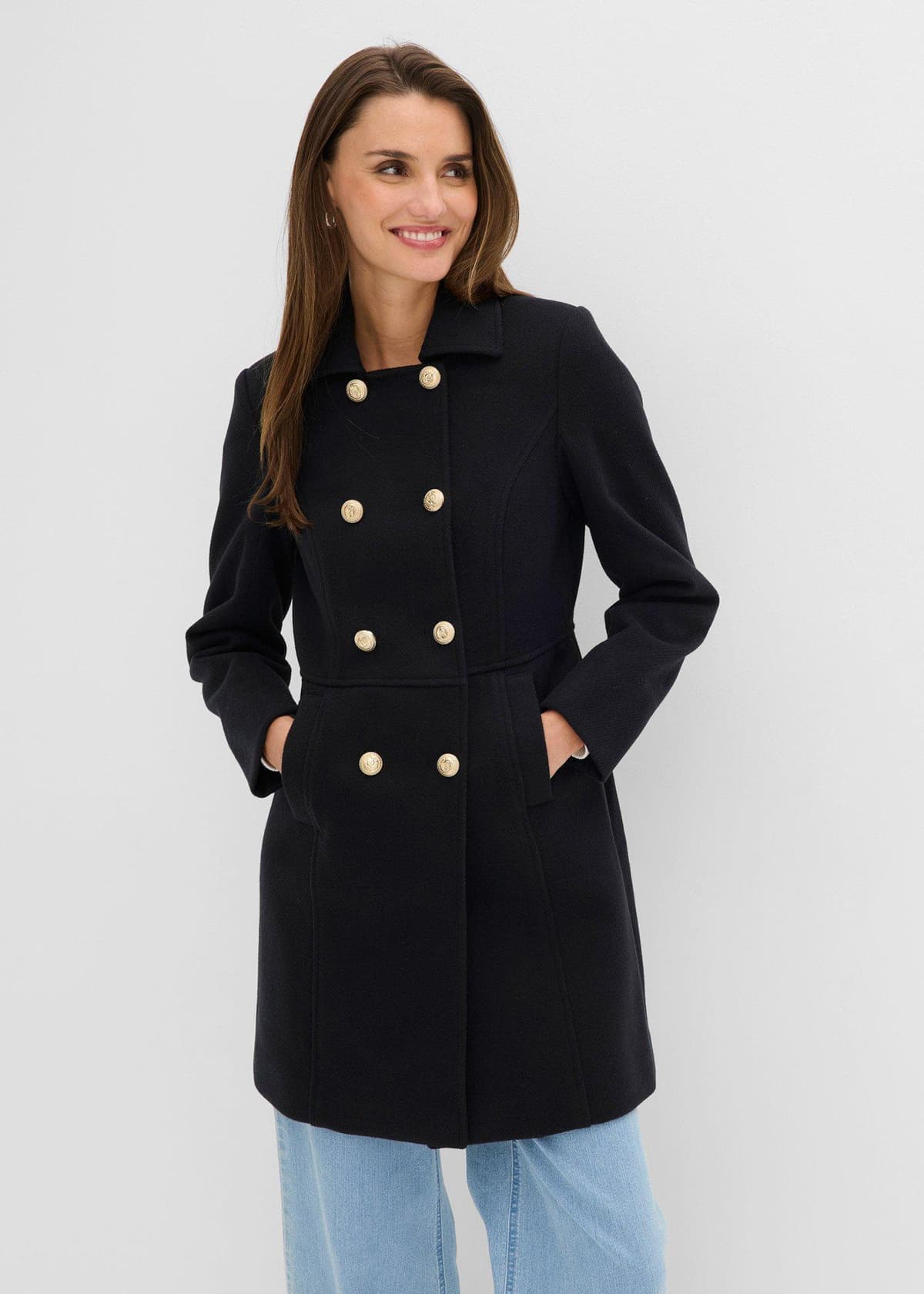 bonprix Kurzmantel in Wool-Optik, schwarz, Gr.46, Eleganter Mantel mit dekorativen Knöpfen