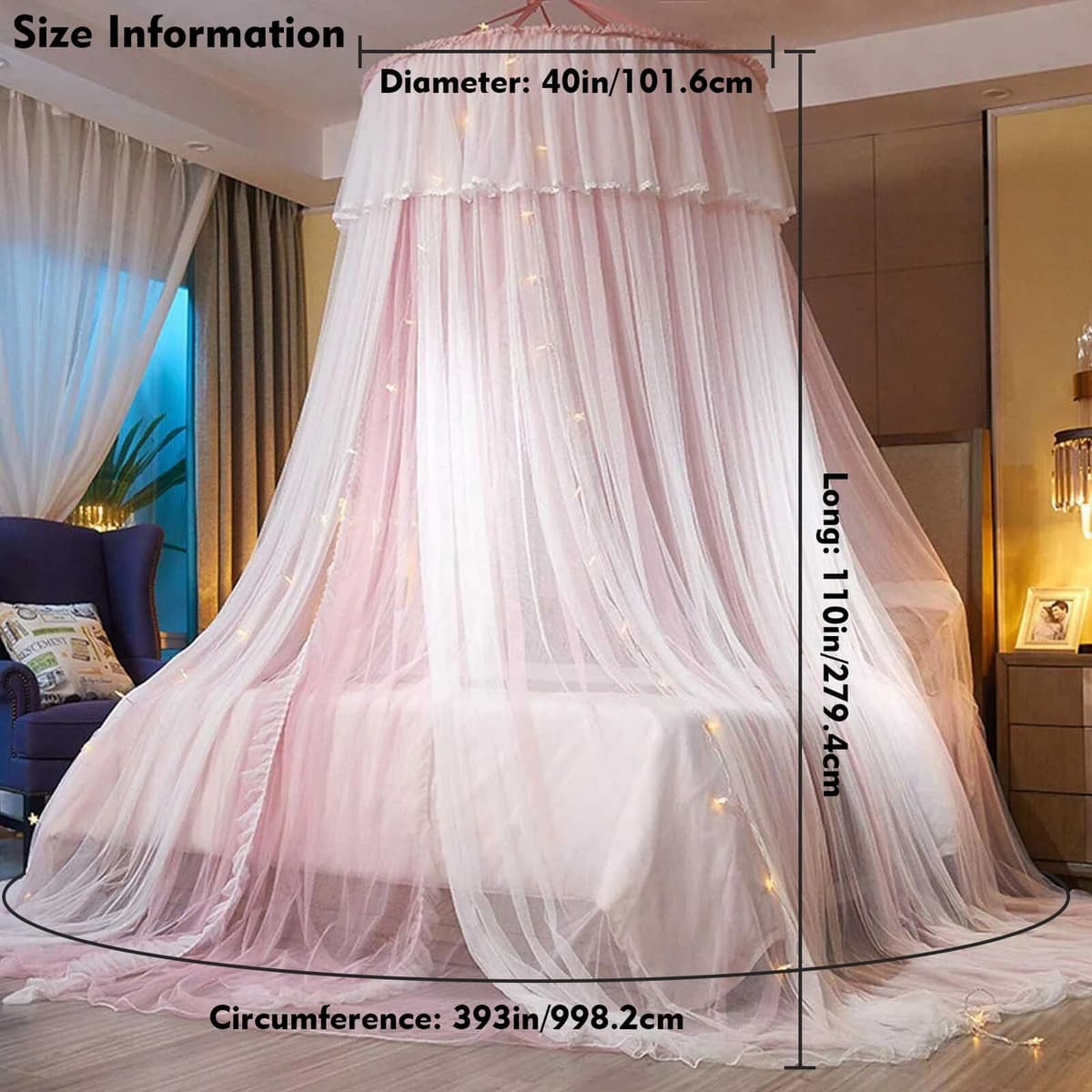 NONE Princess Bed Canopy for Girls Bed Canopy Curtain Double Layer Sheer Mesh Dome Bed Curtain Round Lace Princess Mosquito Net Tent